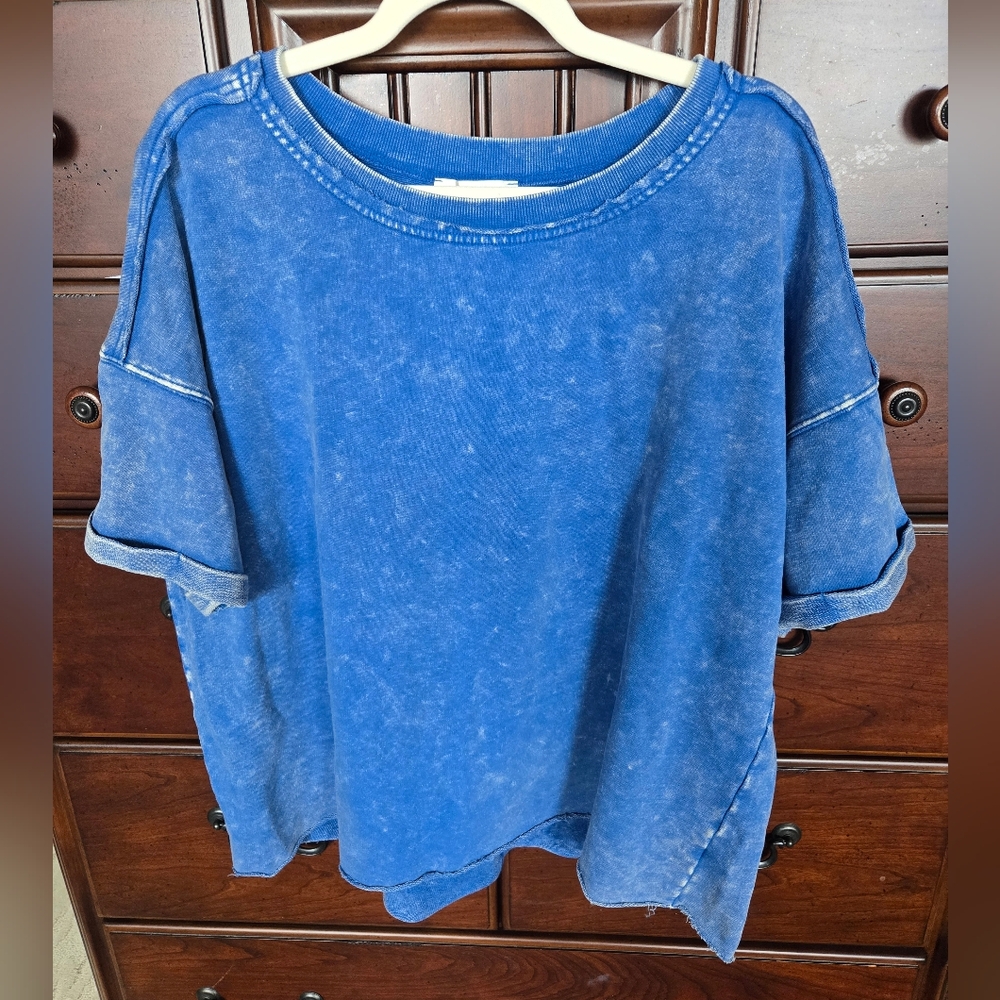 ⁷Zenana, Casual Blue Light Terrycloth Women's Top, Sz. L